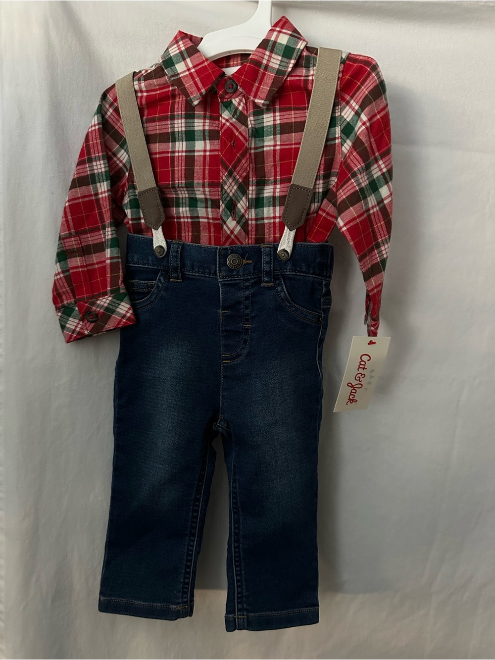 Cat & Jack Red and Green Plaid Shirt with Tan Suspenders
